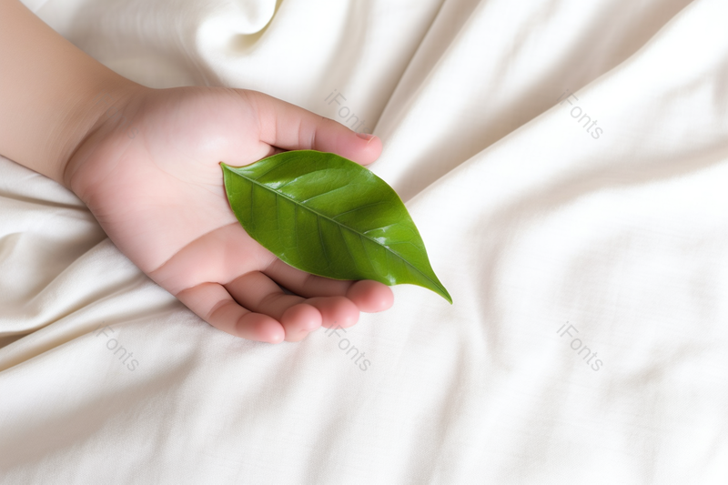 婴儿手持绿叶在白色床单上拍摄1摄影图,高清,摄影图,摄影图片,图片大全,摄影图免费下载